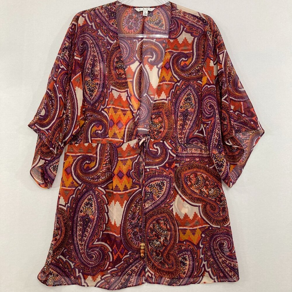 CAbi Large‎ Purple Red Boho Paisley Tie Front Chiffon Duster Kimono Vacation - Picture 3 of 12